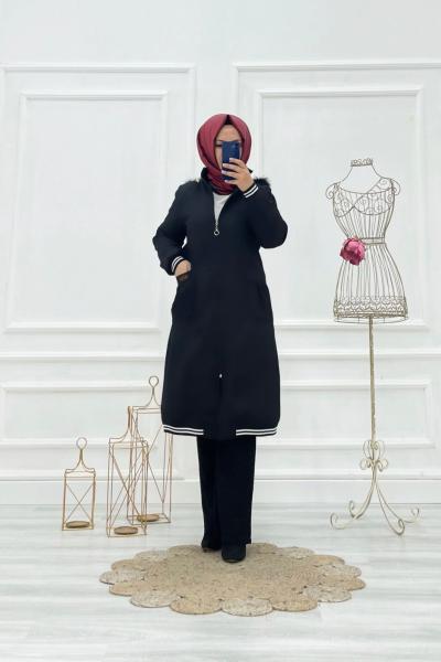 Ribanalı Tesettür Kaban Siyah