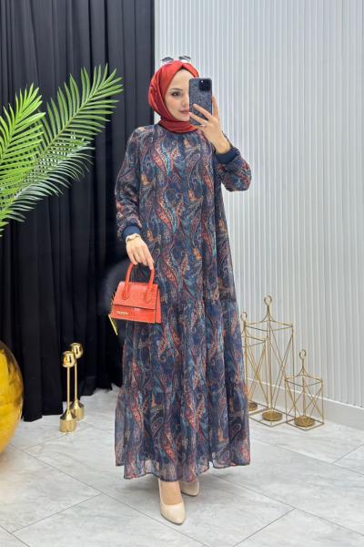 Şal Desen Tesettür Elbise Petrol