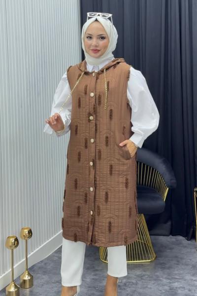 Püskül Detay Yelek Kahverengi