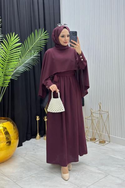 Pelerinli Elbise Bordo