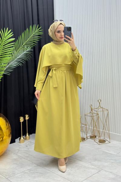 Pelerinli Elbise Yağ Yeşili