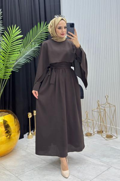 Pelerinli Elbise Kahverengi